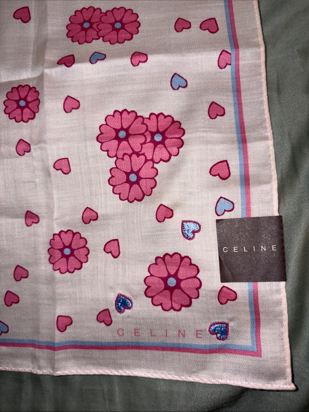 Celine Pink Floral Heart Scarf with Blue Accents
